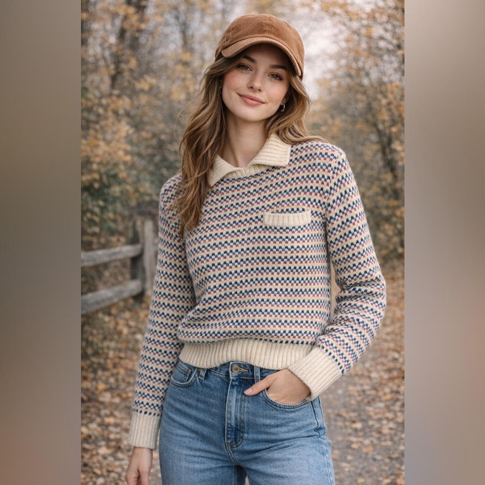 Vintage L.L. Bean 100% Wool Geometric Knit Sweater Women’s S Cream Multicolor
